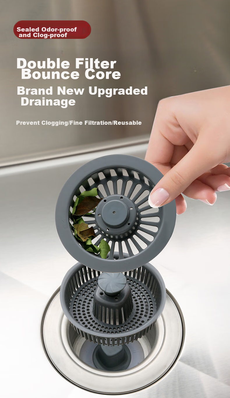 Pollock Kitchen Double Sink Strainer, Vegetable Washing Basin Drain Stopper, Spring-Loaded Filter Core, Stainless Steel Odor Prevention Device SCX-S 1