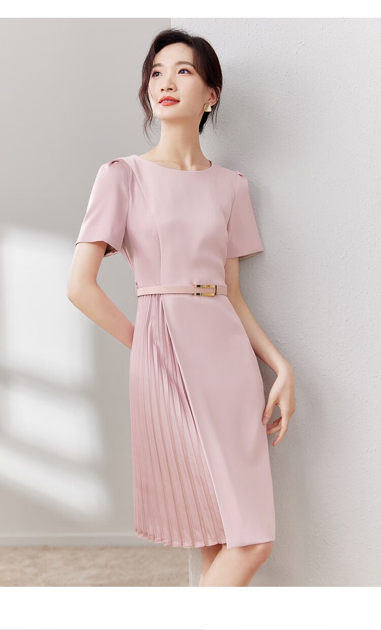 Sentubila Design-Inspired Patchwork Dress, Summer Elegant Pleated Skirt for Petite Figures, Apricot Color, Size S 15