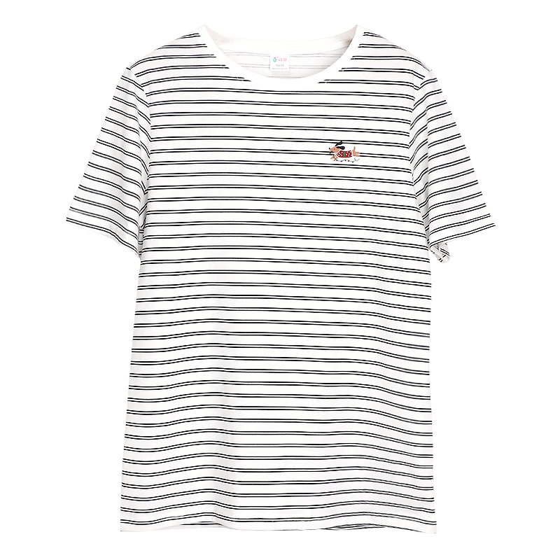 Hodo Women's T-Shirt, Pure Cotton Short-Sleeve Top, Round Neck, Casual Striped Breathable Versatile Base Shirt, Black, Baitiao, Size 165
