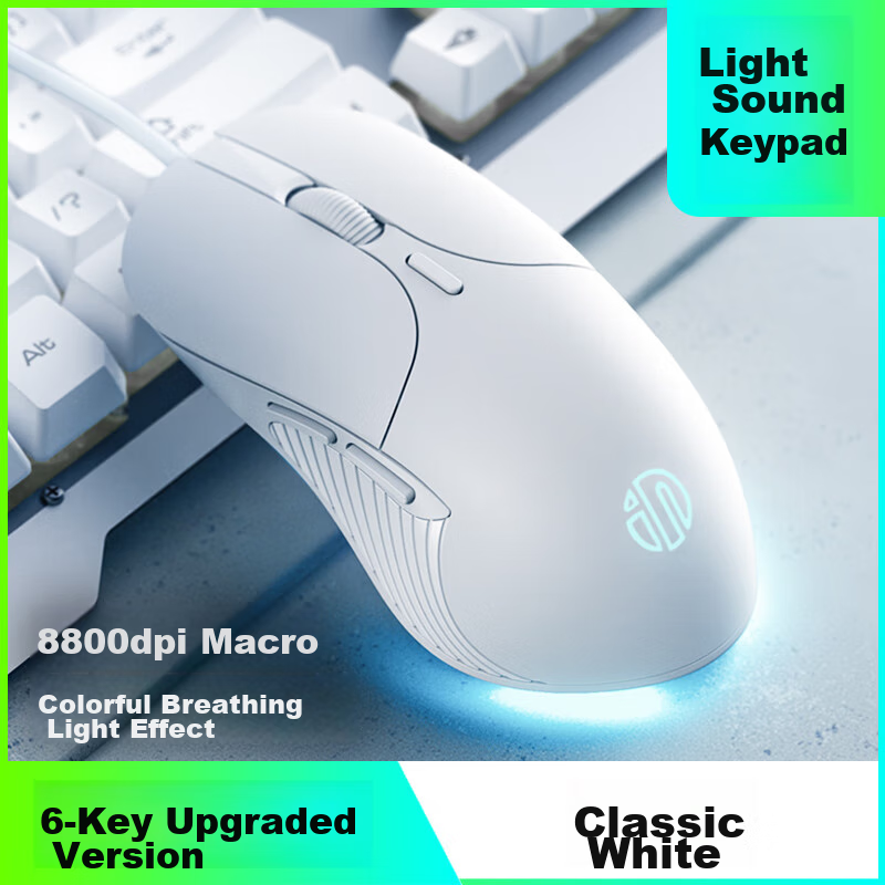 INPHIC B1 Wired Gaming Mouse, Macro Light-Sound Office Ergonomic USB Interface, Compatible with Laptops And Desktops, White
