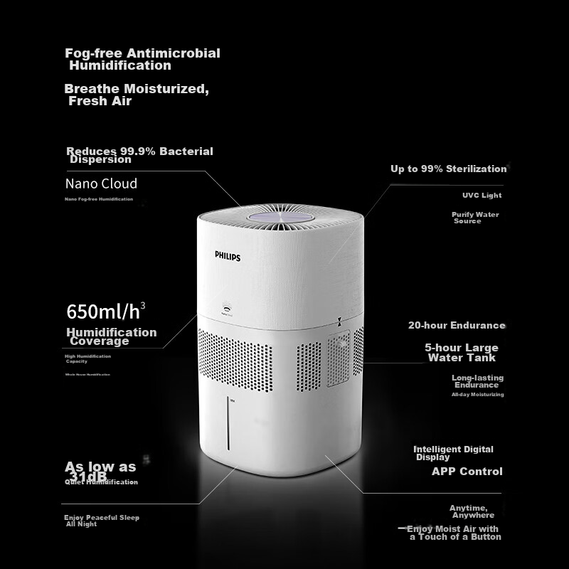PHILIPS Humidifier for Home Bedroom, Mother And Baby Use, Quiet, Antibacterial, No Mist, Air Conditioner Humidifier, for Rhinitis, Pregnant Women, Infants, Small Desktop Large Capacity HU5969 Gift