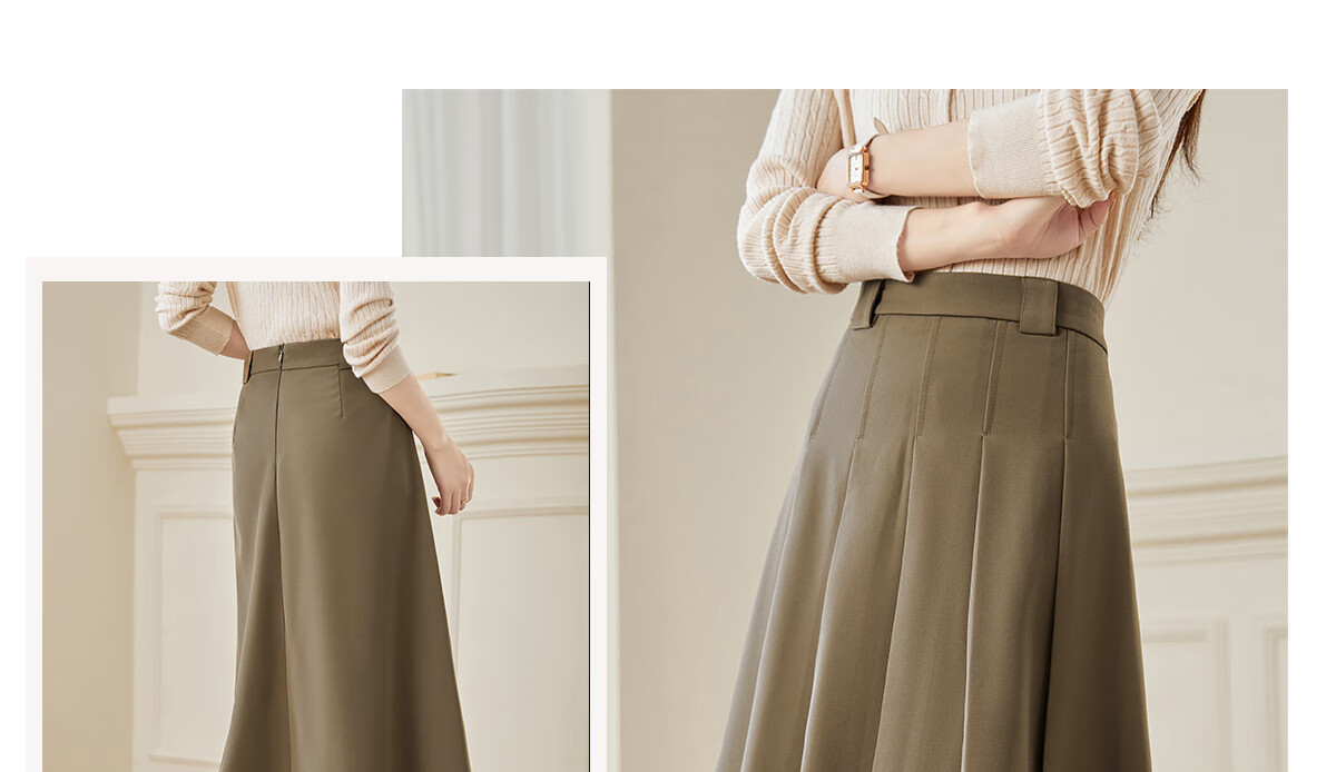 Chushen Spring And Autumn Midi Skirt for Women, Wilderness Maillard High-Waist Academic Style A-Line Design Pleated Skirt S143B2003 12