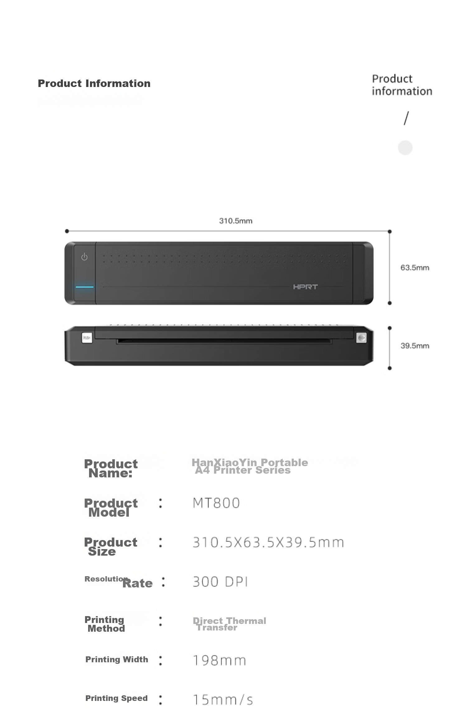 HPRT A4 Portable Printer, High-Definition Wireless Bluetooth, Mobile Office Lightweight And Portable Home Student Error Correction Homework Exam Paper Organizer Tool, MT800 Package One 19
