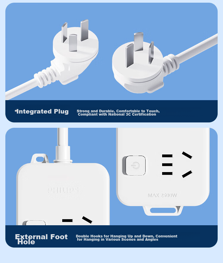 PHILIPS New National Standard Safety Power Strip Side Plug Socket 2.8m Split Control 6 Outlets Two-Prong Three-Pin Socket Travel Portable Multi-Outlet Extension Cord Power Board 12