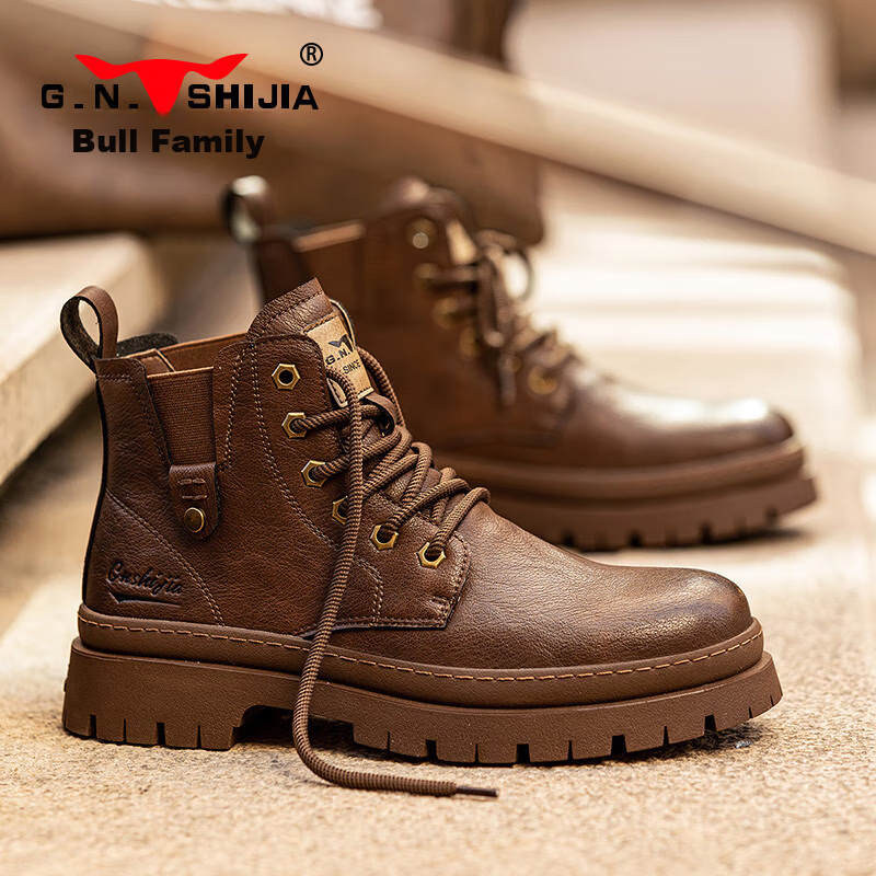 Bull Family Martin Boots Men Autumn Winter Thick Sole Height Increasing Vintage Distressed Work Boots Red Brown Size 43 (Sports Shoe Size)