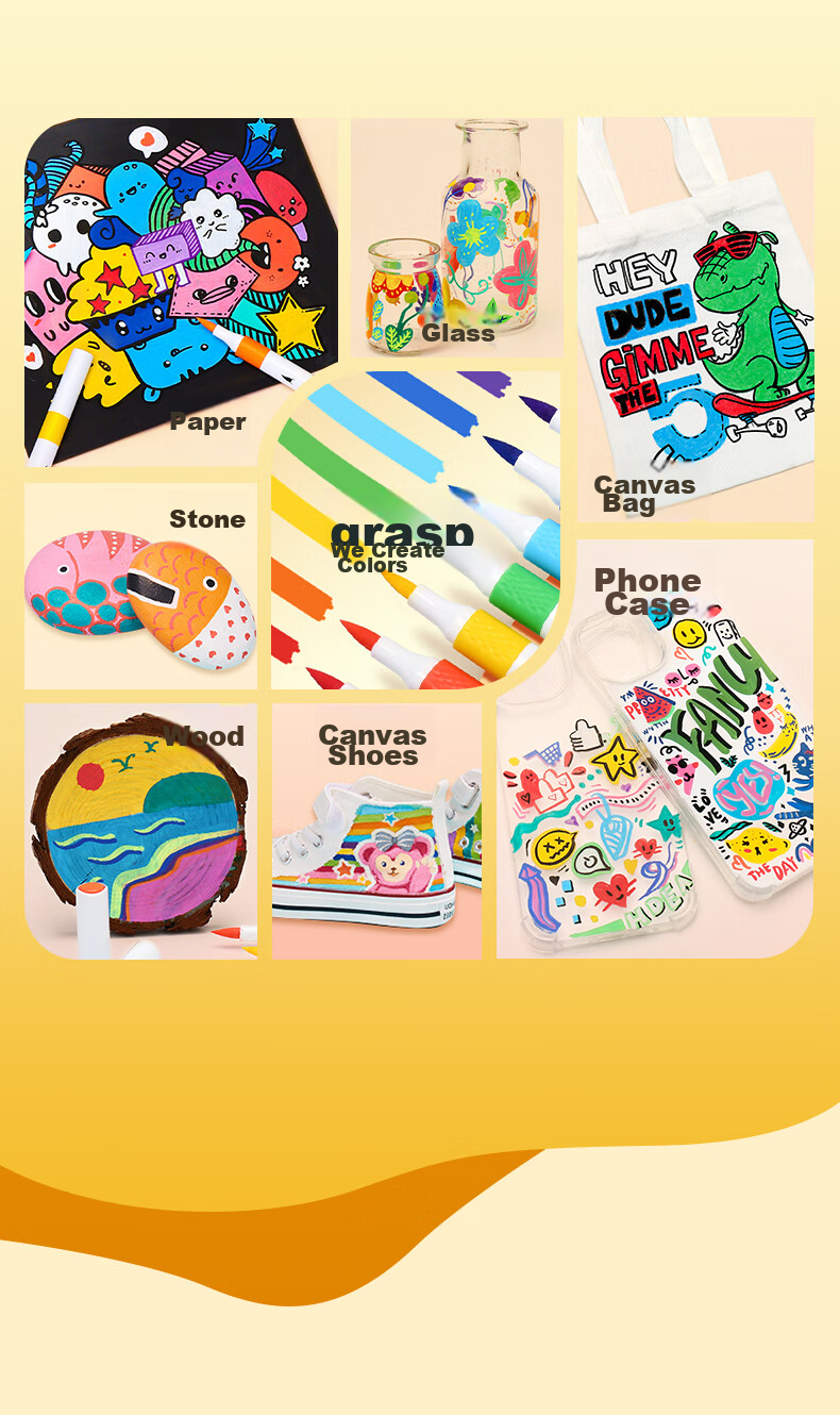 GRASP Acrylic Markers, 24 Colors, Soft Tip, Large Capacity, Stackable, Watercolor Pens, Skin-Friendly, Washable, Drawing Brushes, Children's Doodle Painting DIY, Birthday Gift for Boys And Girls 12