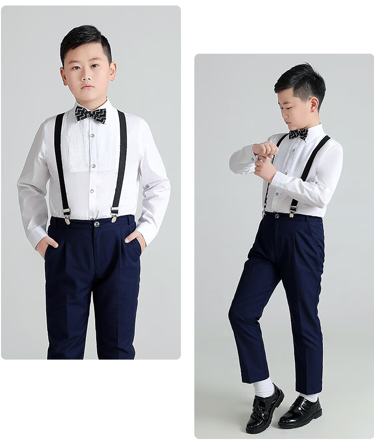 LUOBOBEIBEI Plus-Size Boys' Formal Wear, New Year's Outfit for Older Children, Enlarged Shirt And Suspender Pants, Black Four-Piece Set, Size 150 9
