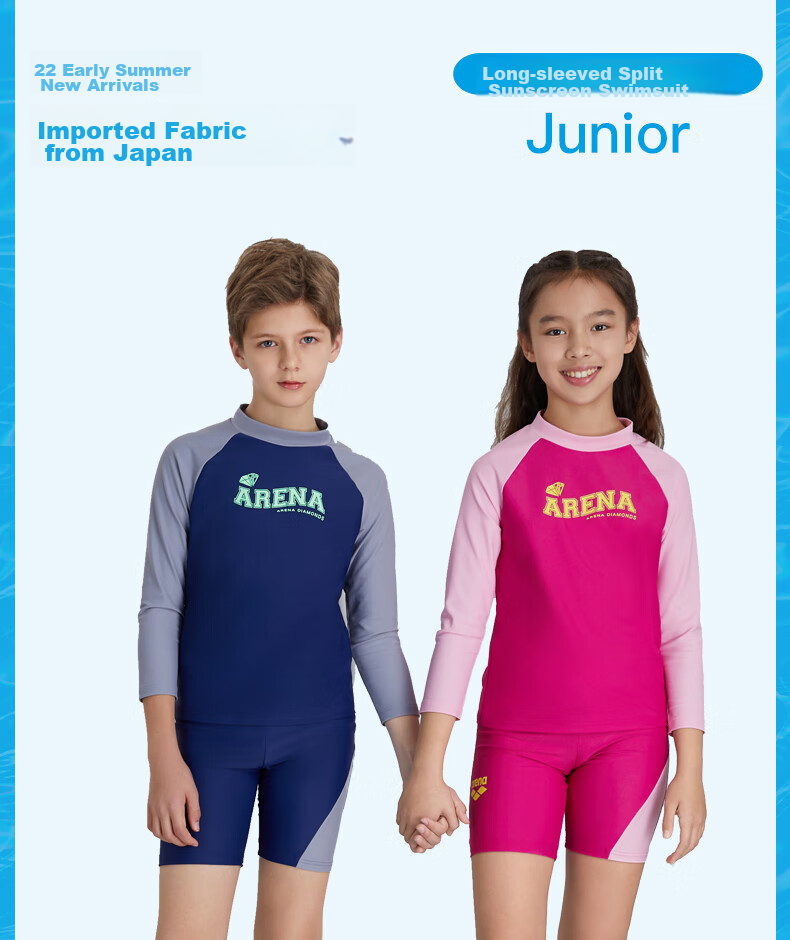 Arena Children's Long-Sleeve Knee-Length Two-Piece Swimsuit Set, Sun Protection, Quick-Drying, Playful Printed Design, Easy to Put on And Take Off, Training Casual Swimwear 1
