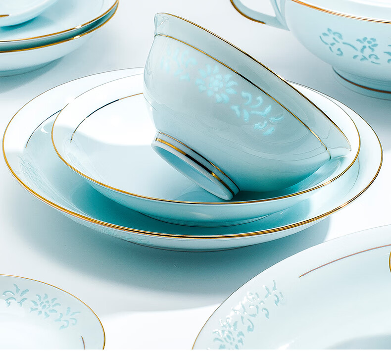 Guanpo New Gold-Rimmed Jingdezhen Underglaze Celadon Porcelain Delicate Bowl And Plate Set, Bone China Tableware Set for Home Use, Gift-Giving 4