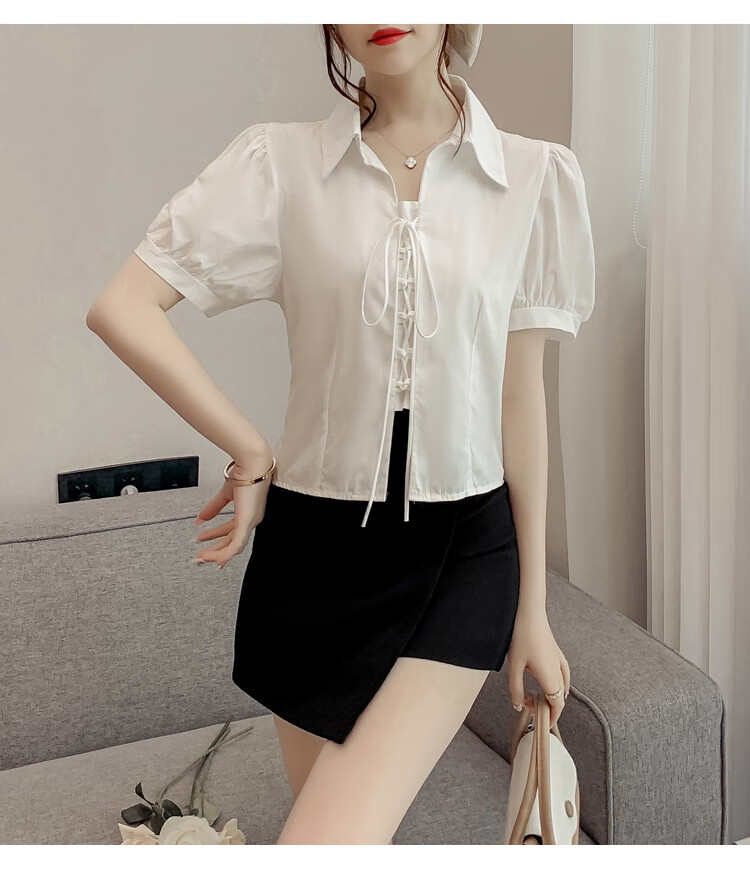JEANSWEST Women's Summer 2025 Loose Puff Sleeve Short Sleeve Crop Shirt White L 24