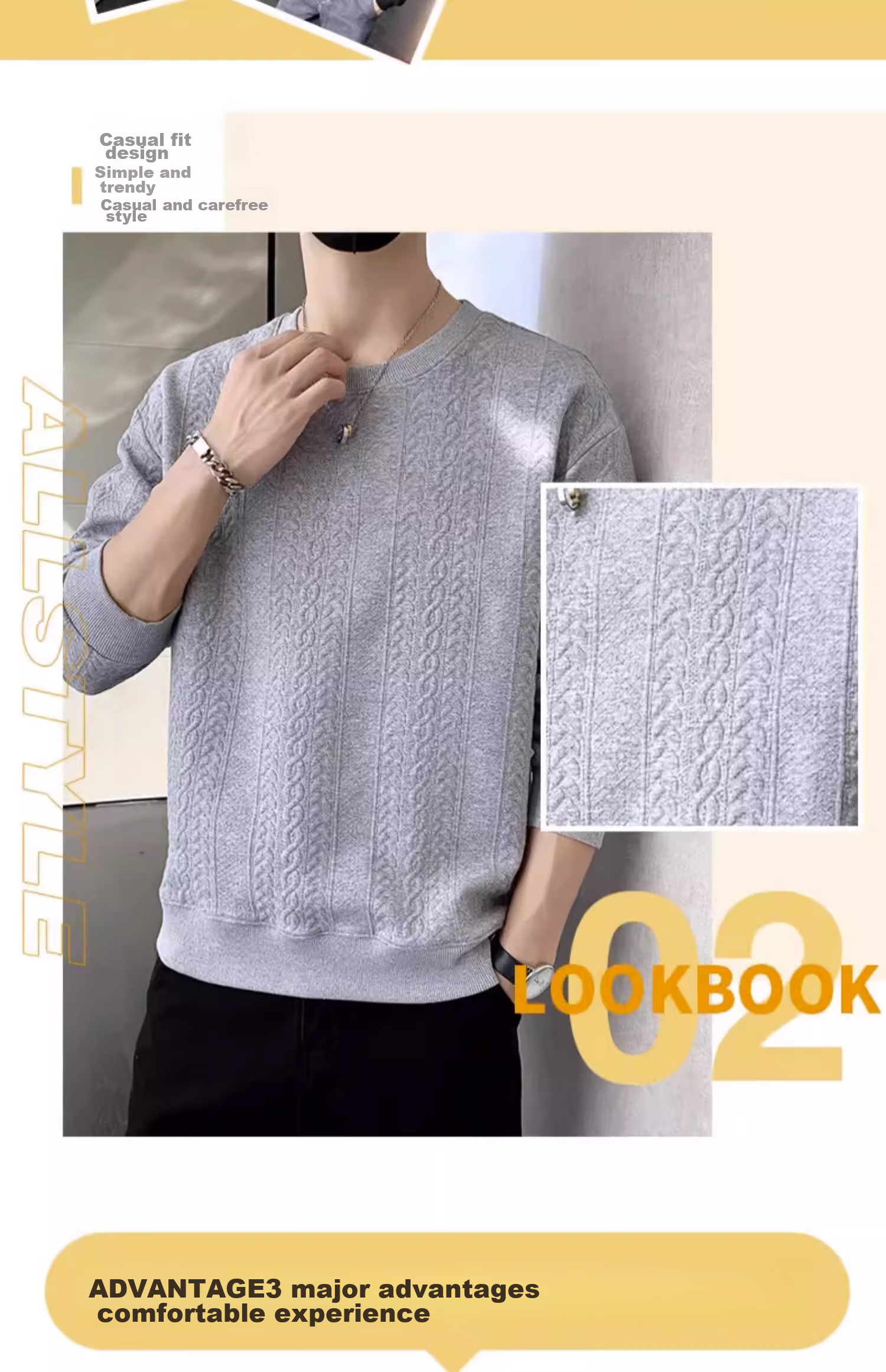 Dingfengbaoluo Men's Long-Sleeve T-Shirt, Spring Versatile Fashion Jacquard Sweatshirt, Loose Trendy Top, JE2221 White XL 2