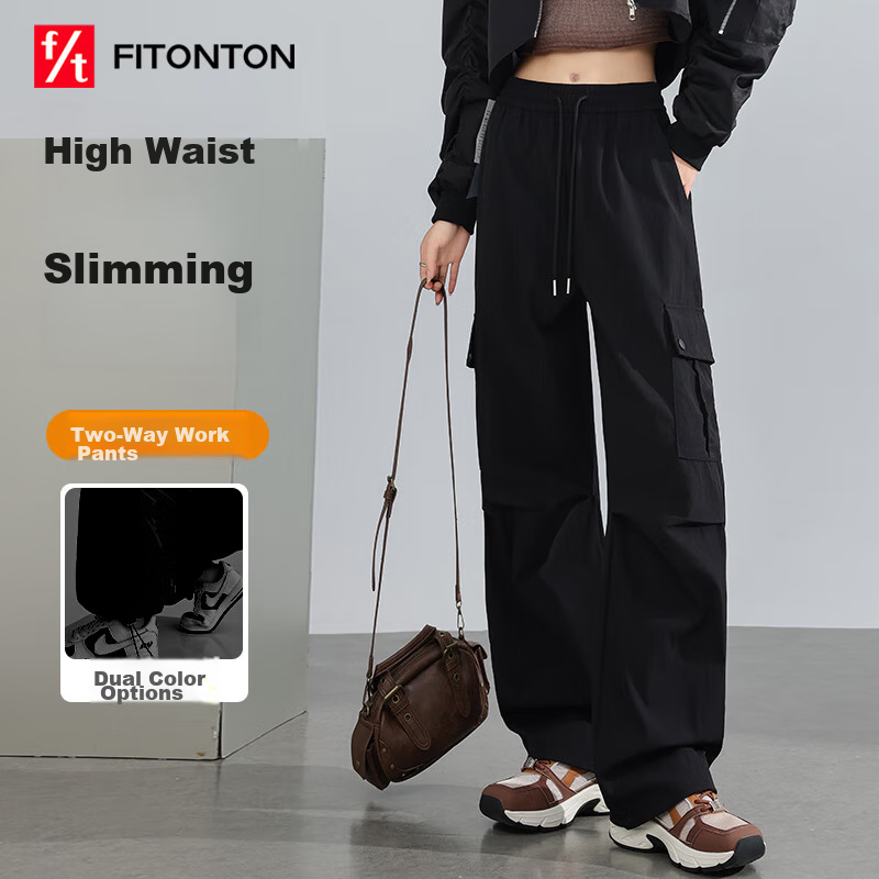 FitonTon American-Style Cargo Pants for Women, Autumn And Winter Style, Trendy Slimming Lazy Pants, Sports Casual Wide-Leg Pants, Two-Way Wear Hiking Pants XL
