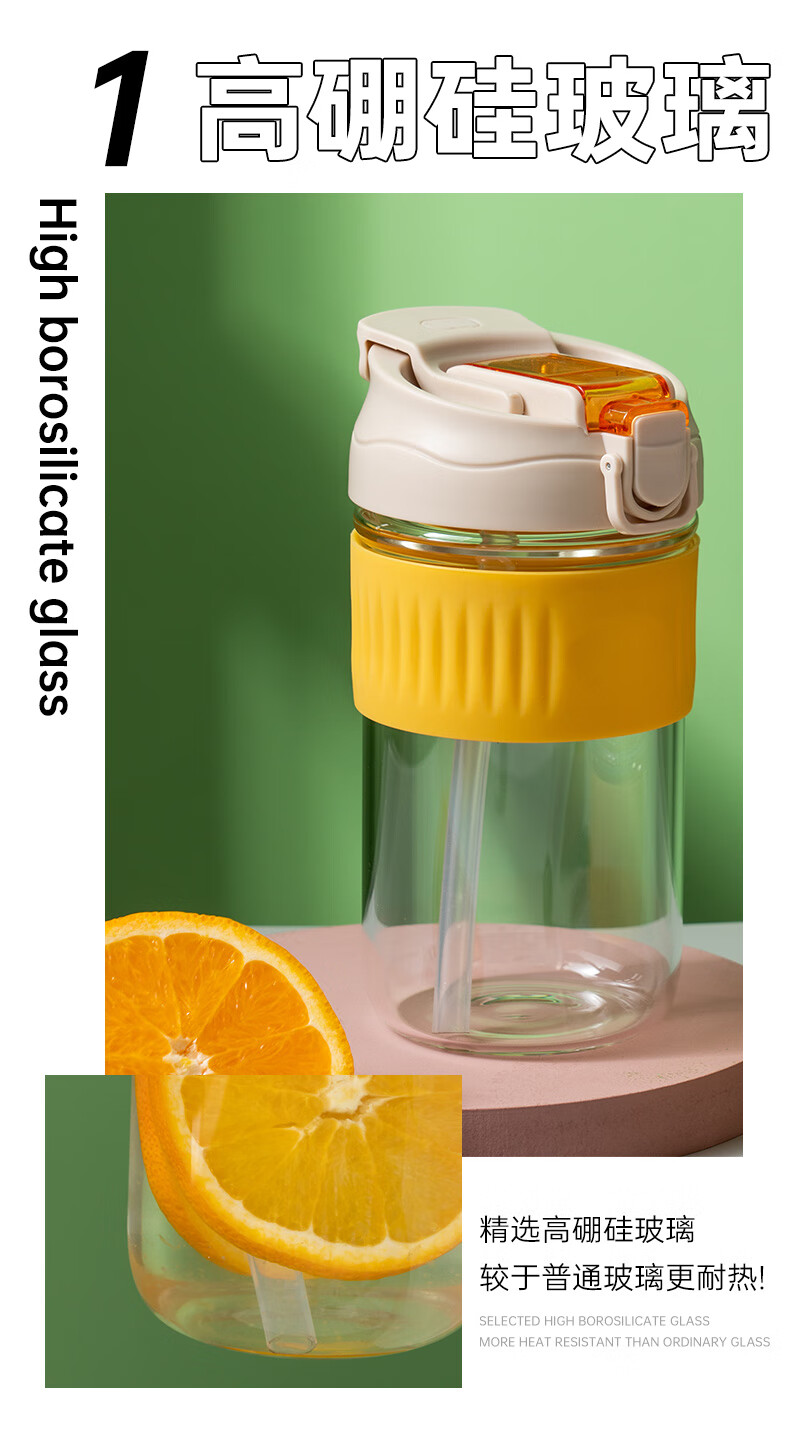 咖啡杯子便携式高档精致吸管杯双饮随行杯男女玻璃杯带盖550ml白