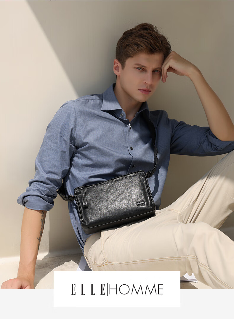 ELLE HOMME Men's Crossbody Bag, Fashionable Genuine Leather Shoulder Bag, Casual Large-Capacity Small Satchel Cowhide Men's Bag 206730 Black Birthday Gift for Boyfriend 4