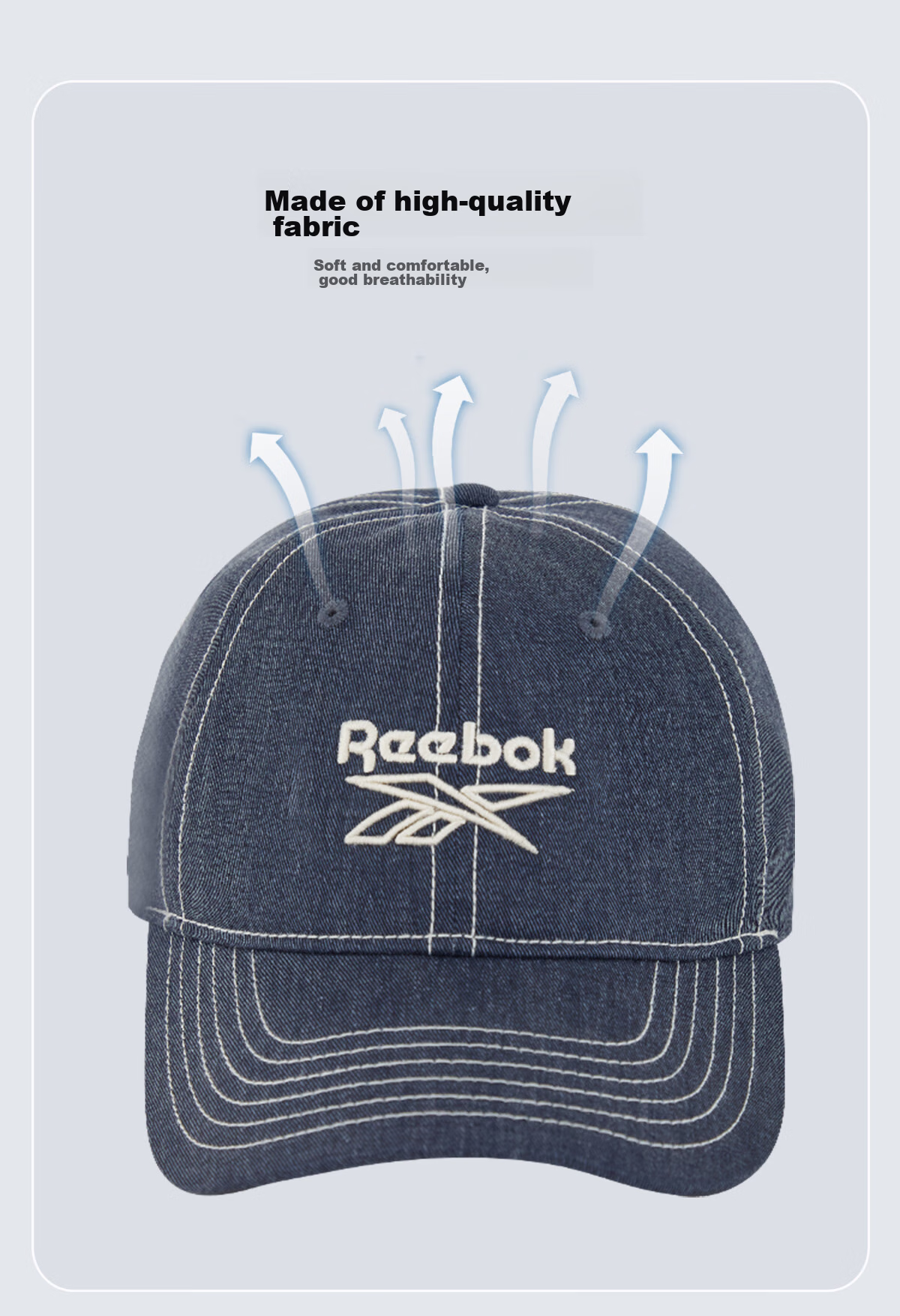 Reebok Retro Modern Denim Hat, Unisex Style, Structured Cut, Face-Slimming, Sun Protection, Adjustable Breathability, Blue 12