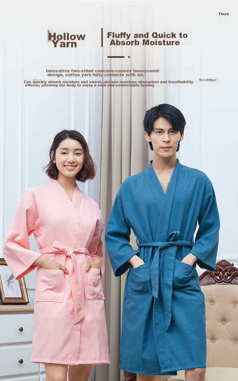 Xinya Pure Cotton Waffle Adult Bathrobe, Unisex Couple Spring Summer Thin Sleepwear Loungewear, Pink, Size L 2