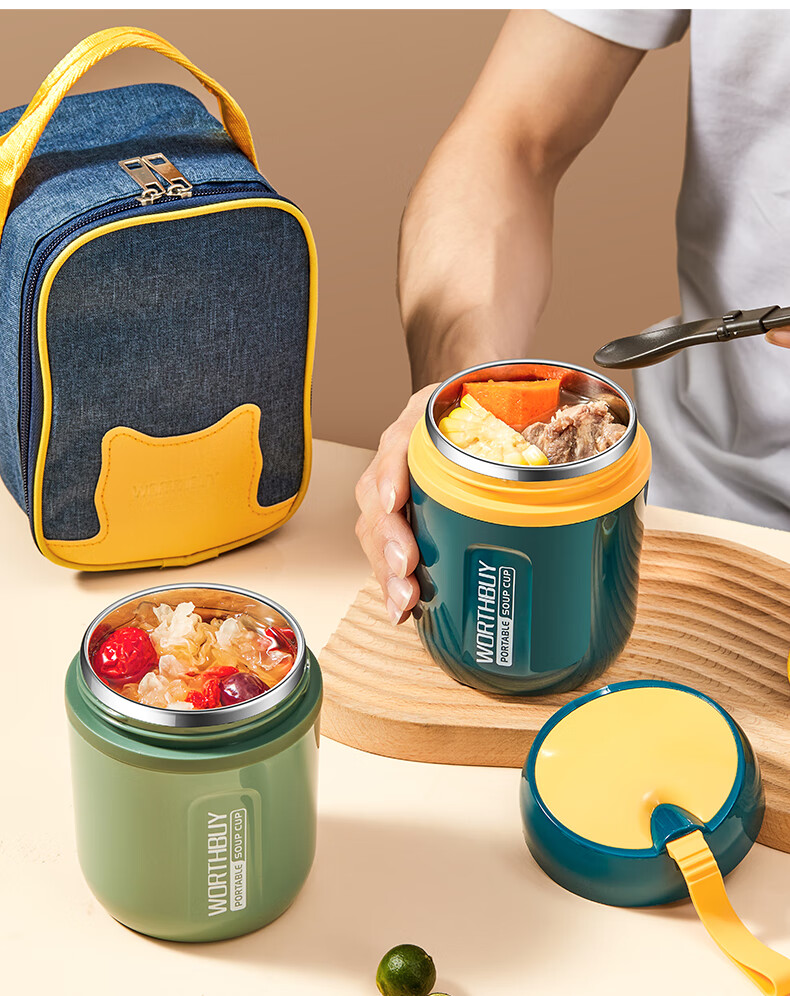WORTHBUY Breakfast Milk Cup with Lid And Spoon, Portable Stainless Steel Soup Cup Insulated Water Bottle, Beige, 480ML 4