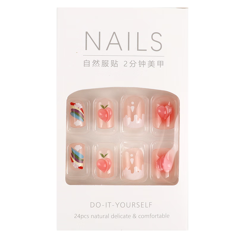 Meifuyu Nail Stickers (Ice Transparent Rainbow Peach), Short Fake Nails, Jelly Gel Removable with Tools, MF8606