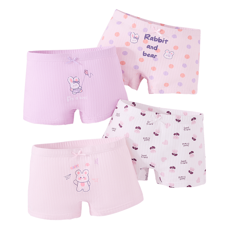 LangSha Children's Underwear, Girls' Underwear, 5A Antibacterial, Pure Cotton Boyshorts for Young Girls, 4-Pack, Kite And Little Rabbit Design, Size 140