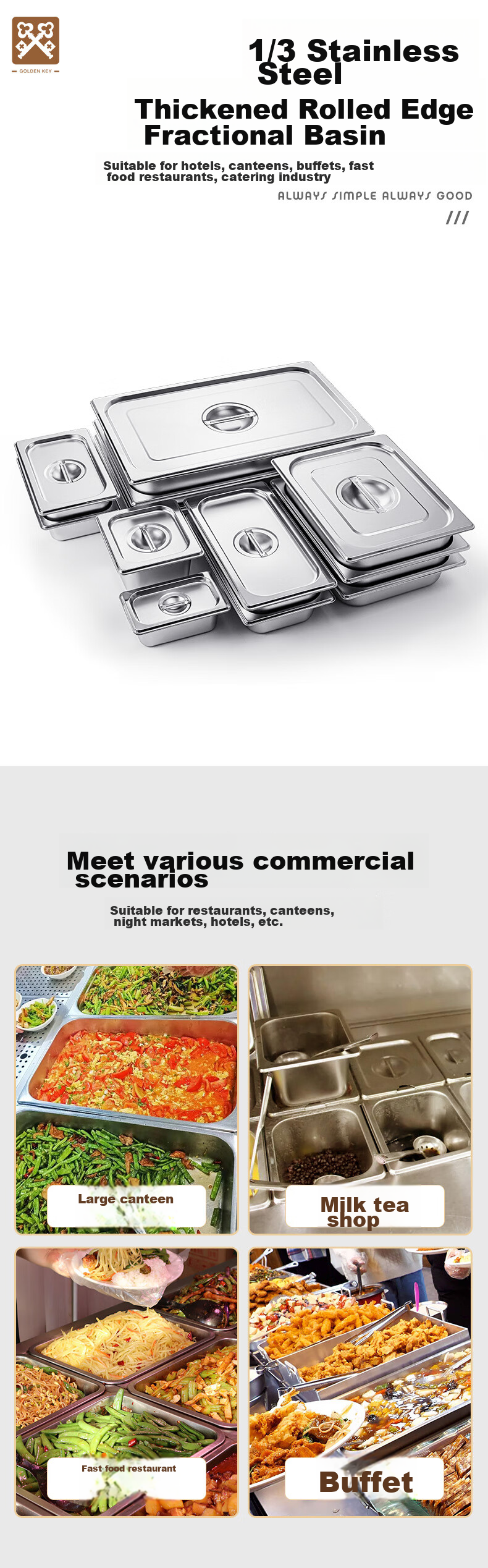 Jinyaoshi Stainless Steel Portion Pan, 1/3 Straight-Sided, Rolled Edge, Commercial Buffet Canteen Serving Pan, 15cm GK-MFS13 1
