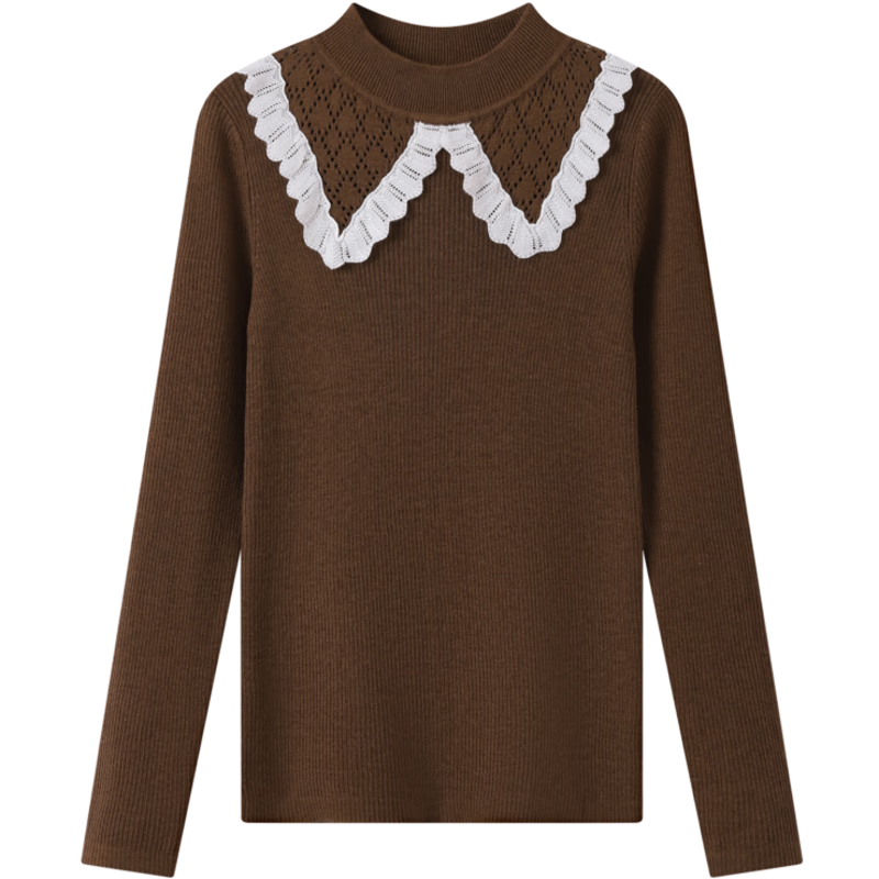Annil Girls' Mid-Neck Knit Sweater, New Winter 2024 Style, Cloud Sweater Brown, Size 130