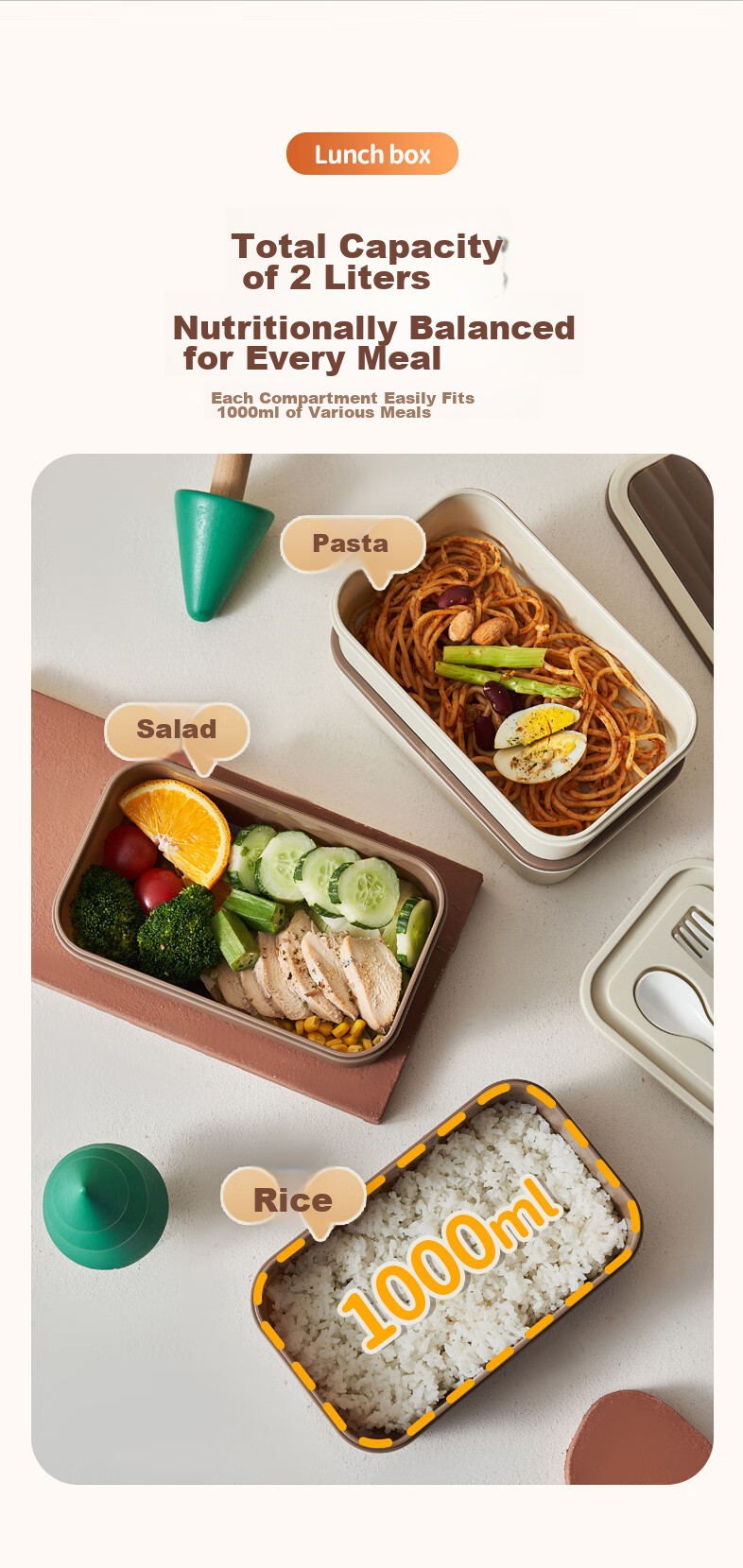 Canjiangjun Double-Layer Portable Lunch Box, Large Capacity, Microwave-Safe, Lunch Container with Forks And Spoons Included, 2L 5