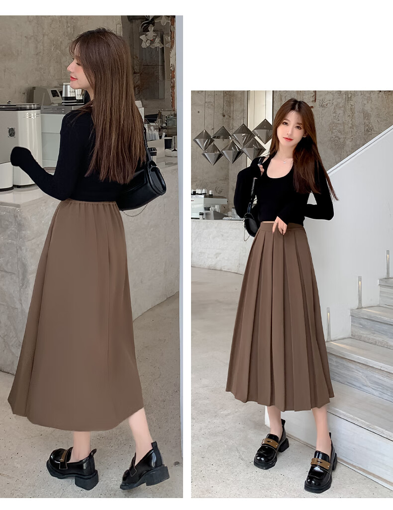 LangSha Pleated Skirt Women's Spring Vintage Mid-Length A-Line Skirt Elastic Waist Slim Fit Suit Umbrella Skirt 13