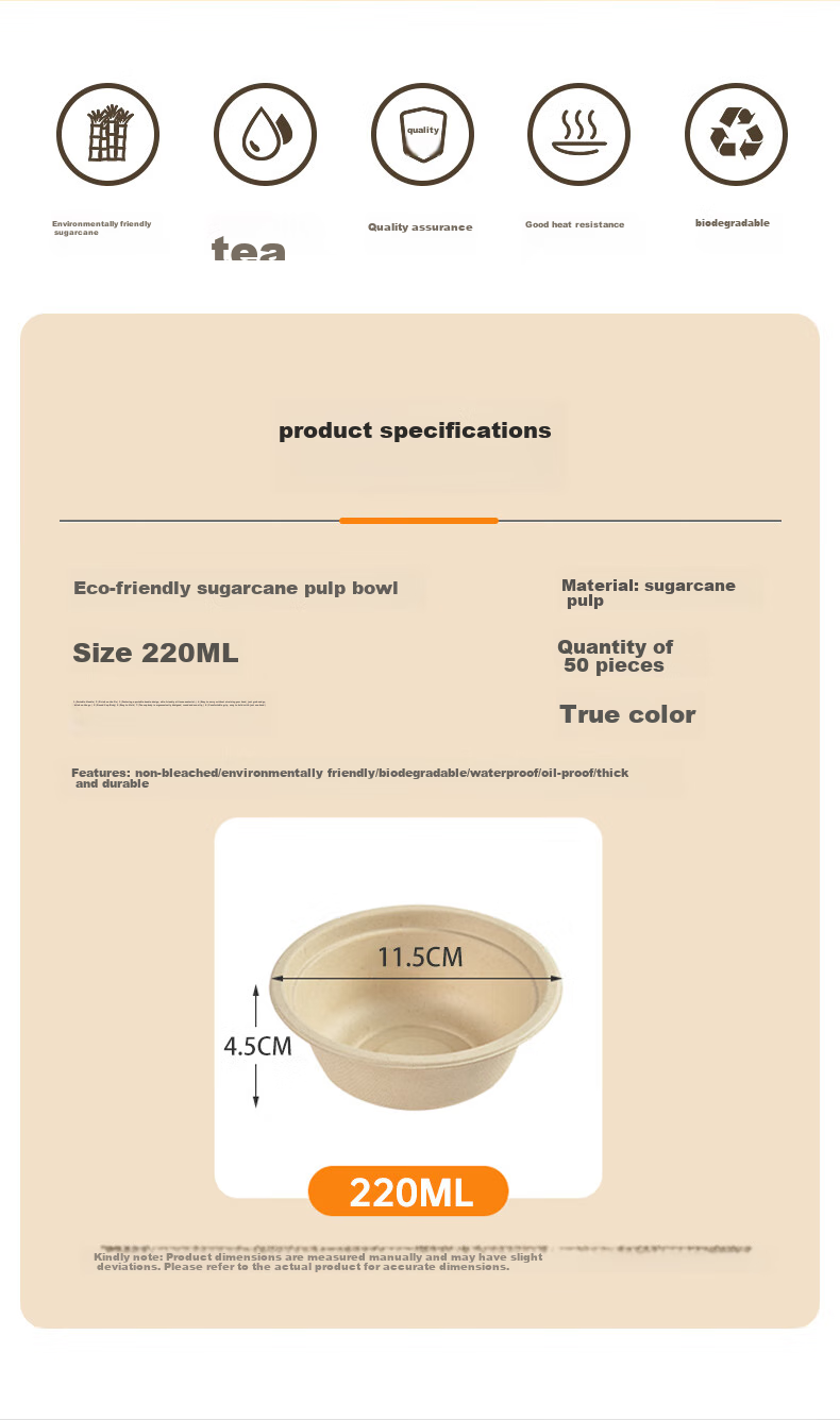 Xingfang Disposable Bowls And Chopsticks, Thickened Biodegradable Paper Bowls, Small Soup Bowls, Hot Pot Bowls, Picnic Plates, Sugarcane Pulp, 220ml*50 Pieces 2