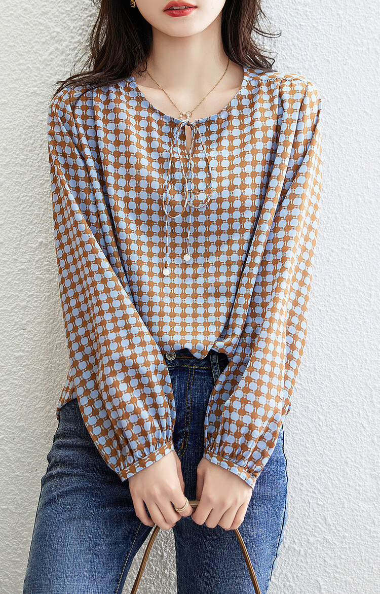 Dme [Cotton-Like Feel Blouse] Spring And Autumn Tie-Up Long-Sleeve Polka Dot Print Shirt Women's Top 3