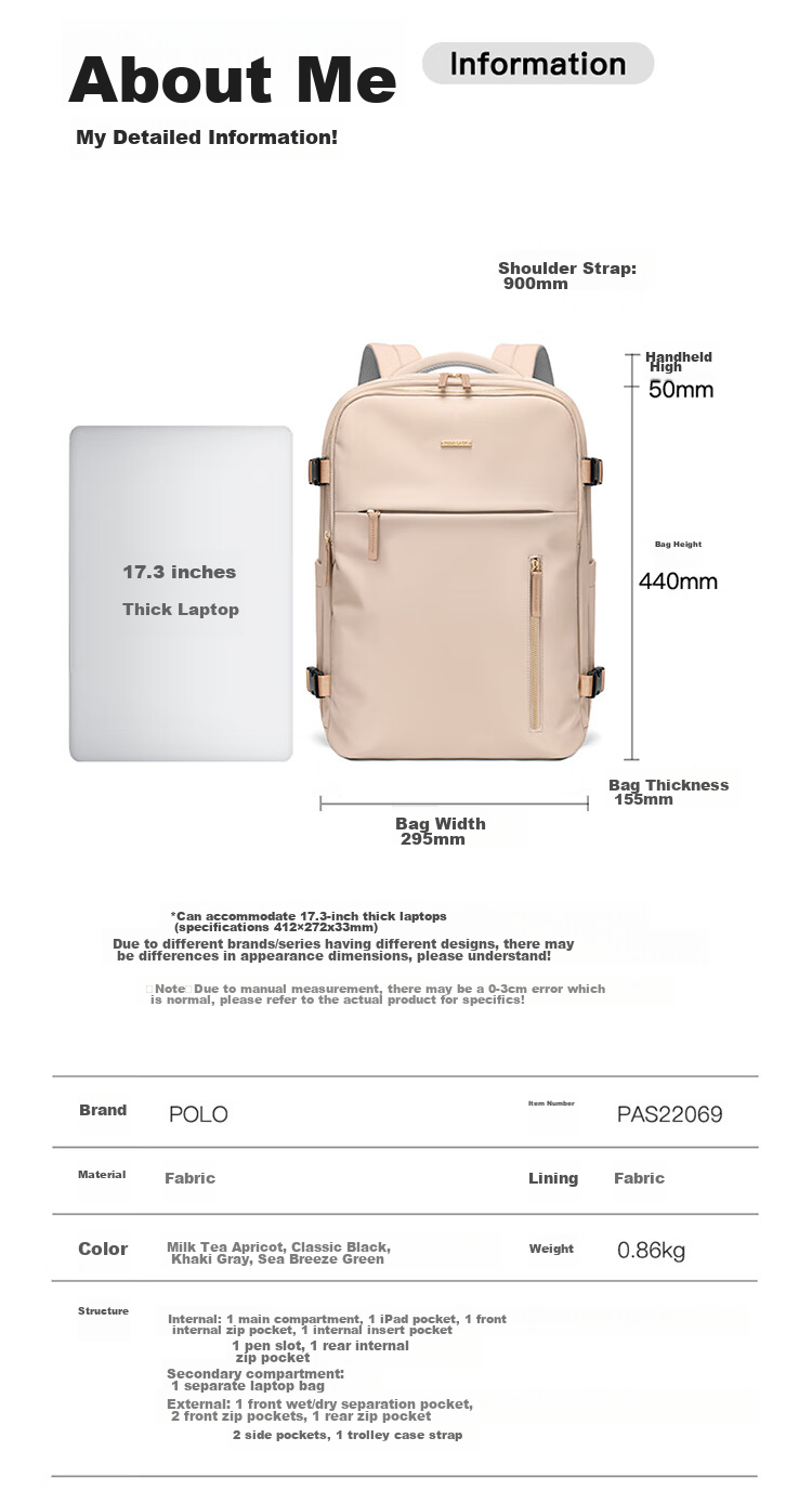 POLO Backpack for Women, Travel Bag, Large Capacity Schoolbag, Luggage Bag with 15.6-Inch Laptop Compartment, Birthday Gift 14