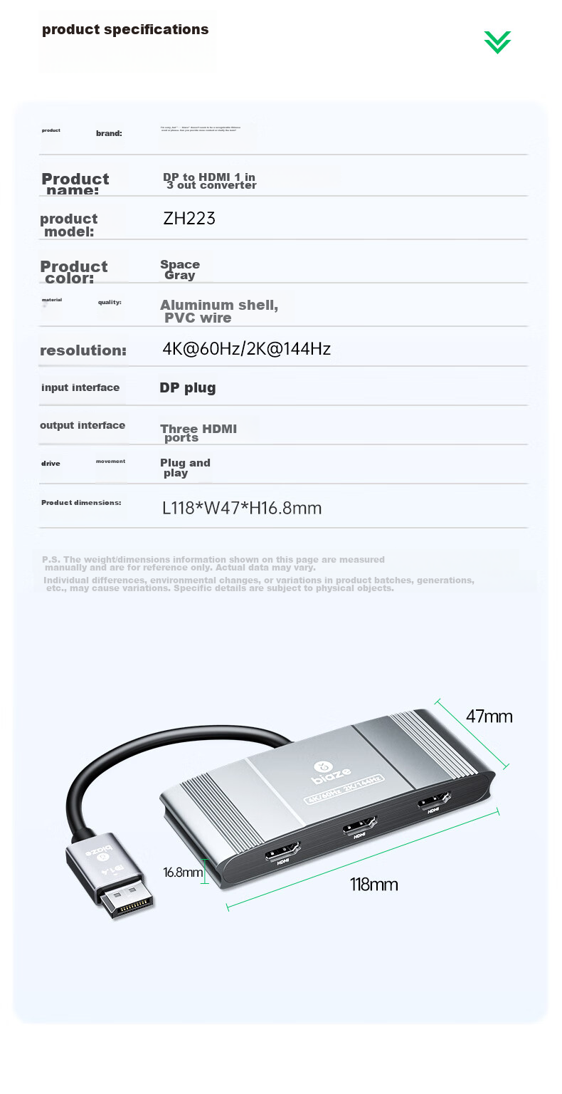 BIAZE DP to HDMI One-To Converter Docking Station, 4K 60Hz, Supports Multi-Screen Extension And Copying Function, for Desktop Graphics Card, Laptop, TV, Monitor 16
