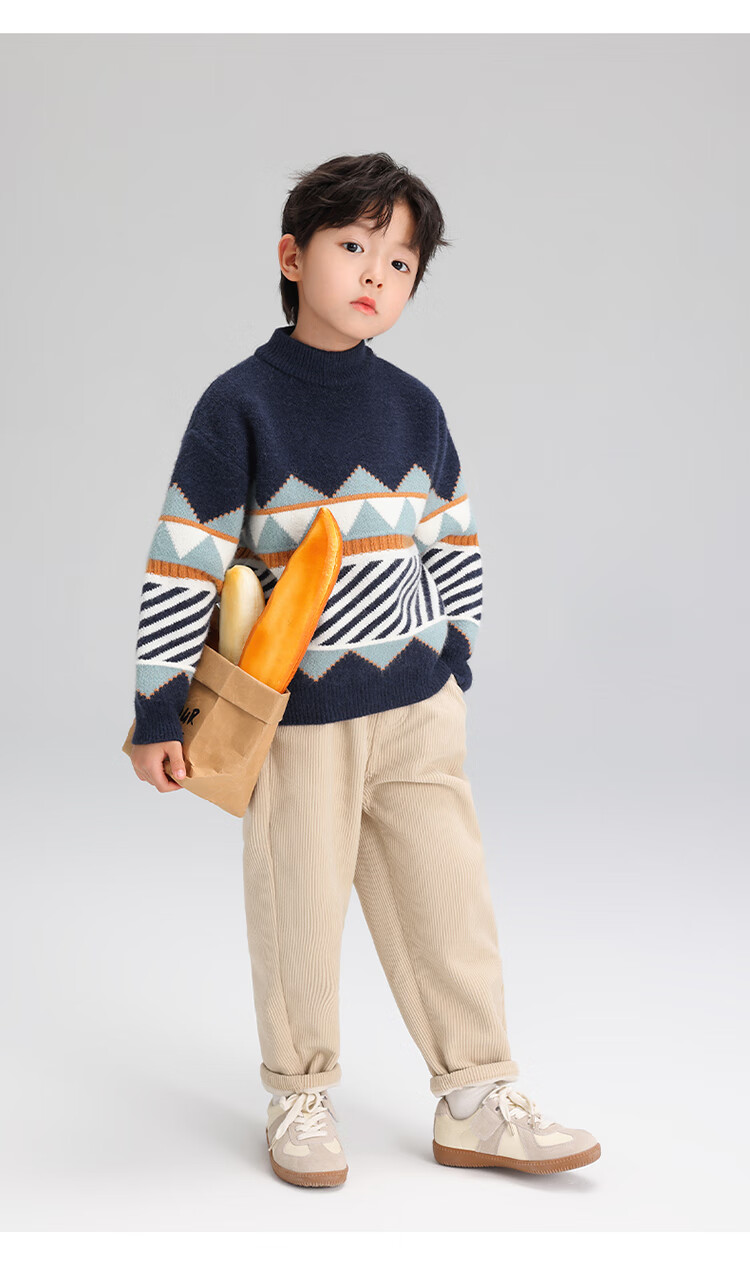 Zuoxi Boys' Sweater, Children's Thickened Autumn And Winter 2025 New Style, Boys' Knitted Sweater, Winter Pullover, Navy Blue, Size 160 11
