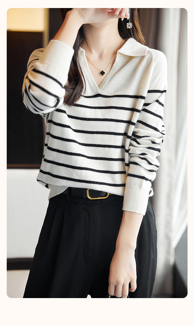 Dme Wool V-Neck Striped Sweater, Elegant And Relaxed Women's Wool Sweater, Black, L 3