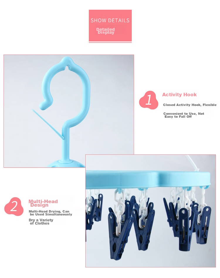 CHAHUA Clothes Hanger, Round Drying Rack, Sock Hanger, Underwear Hanger, 14 Clips, Pink, Foldable for Childre 3
