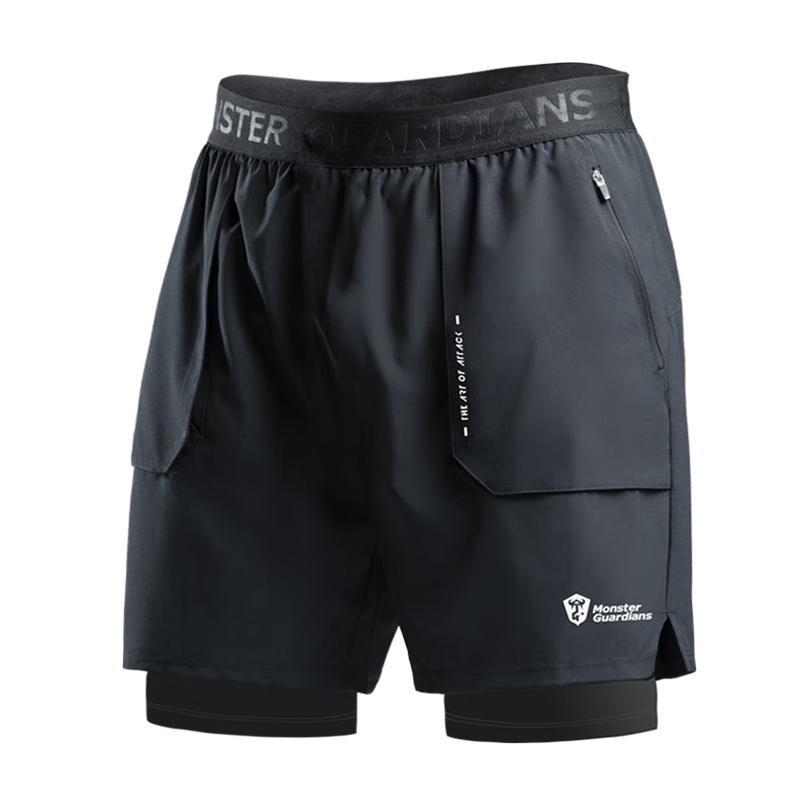 Monster Guardians Men's Sports Shorts with Double-Sided Lining for Summer, Marathon, Basketball, Outdoor Quick-Dry Athletic Pants, Black, Size L