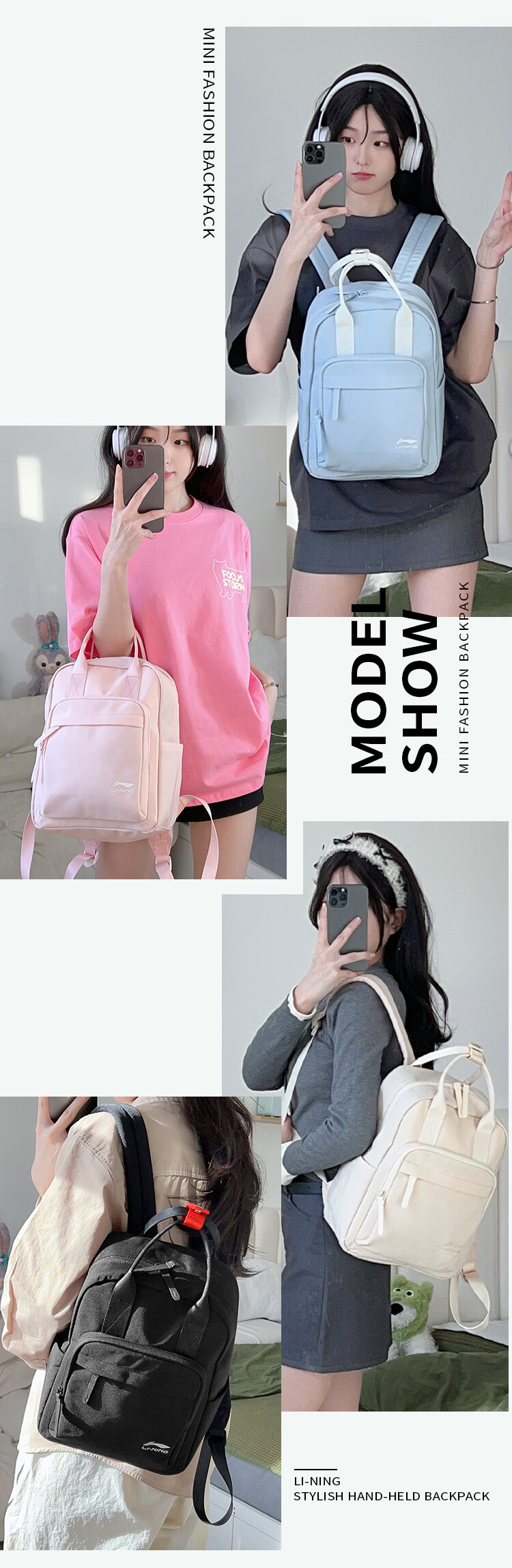 Li-Ning Backpack, Small Fashionable Women's Lightweight Trendy Mini Handbag, Multifunctional Casual Children's Schoolbag 4