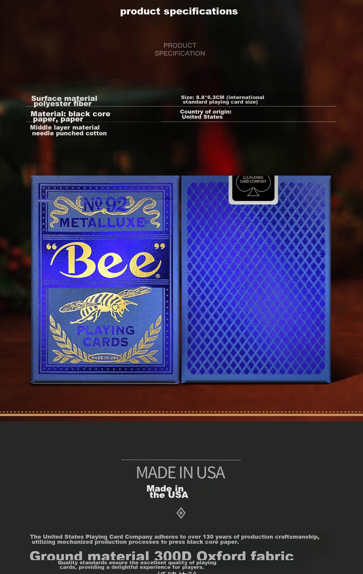 Bee Playing Cards, Imported from USA, Wide-Format, Blue Moon with Gold Foil, 1 Deck 7