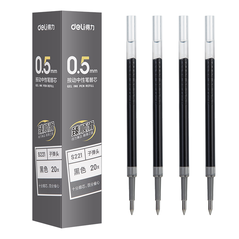 Deli Premium Smooth Retractable Gel Pen Refills, Student Office Signature Pen Refills, Compatible with S01/S08/1008/K35 And G-5, 0.5mm Bullet Tip, Black, 20 Pieces/box S221