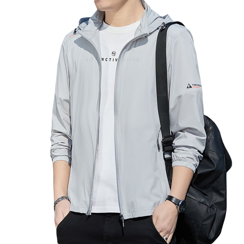 JEEP SPIRIT Men's Sun Protection Jacket, Breathable Hooded Coat, UPF50+ UV Protection, Quick-Dry Jacket, Light Gray, 3XL