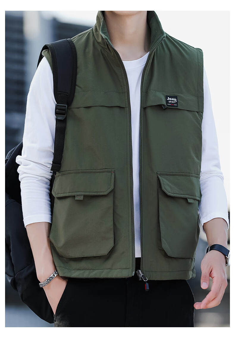 JEEP SPIRIT Fleece-Lined Casual Vest for Men, Spring And Autumn Wear, Two-Way Vest, Workwear Jacket, Khaki, 2XL 13