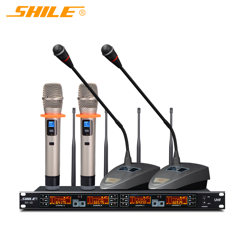 SHILE SH10 U-Segment Wireless Microphone System, One-To Conference Room Audio Set, Neck-Mounted Handheld Headset with Clip-On Training Microphones, Main Unit + 2 Handheld + 2 Neck-Mounted