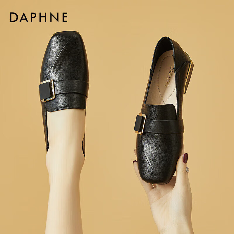 DAPHNE Women's Loafers, Slip-On Soft-Soled Casual Shoes, Leather Buckle Flat Low-Heel Commuter Flats, Women's Shoes 4623101028, Black, Size 39
