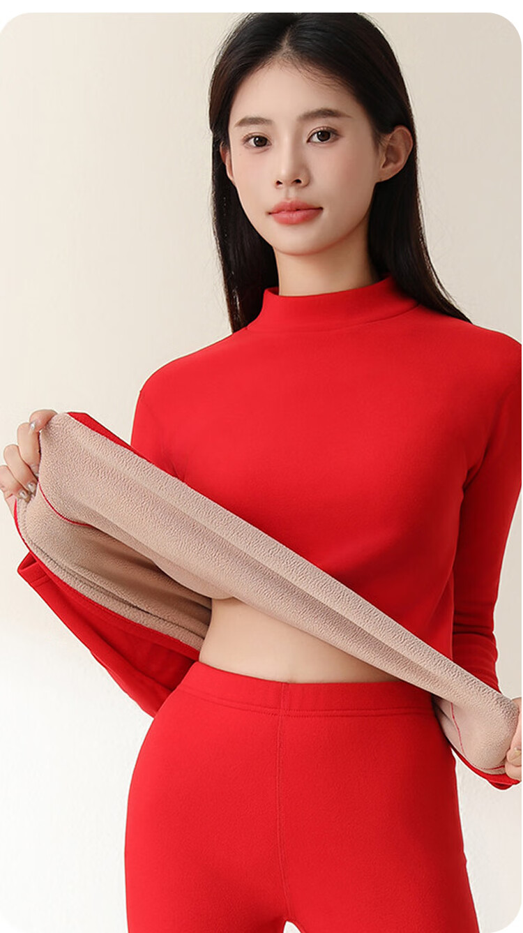 XUEXIMAN Women's Thermal Underwear Set Lamb Fleece Thickened Slim Fit Cold-Resistant Mid-High Collar Autumn Top and Bottom 6