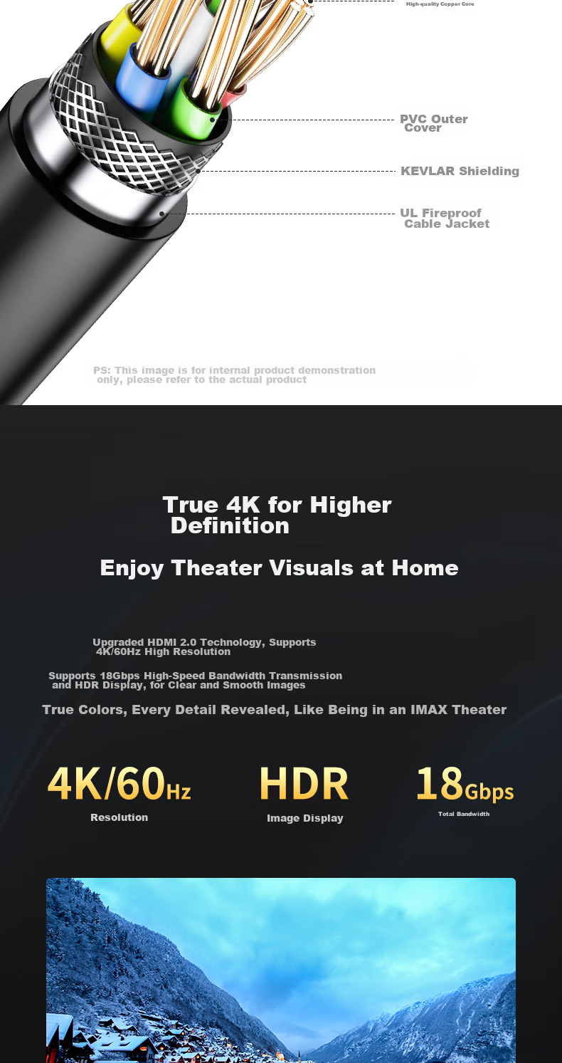 DTECH Fiber Optic HDMI Cable Version 2.0 4K60Hz Construction Renovation Cable for Computer, Office, Set-Top Box to Connect TV, Monitor, Projector Home Use 3D HD Cable 20 Meters DT-HF2020 5