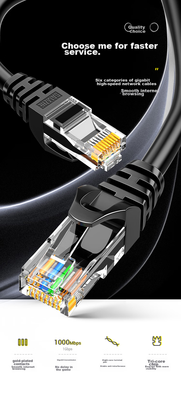 SAMZHE CAT6 Gigabit Ethernet Cable, 8-Core Twisted Pair, for Engineering, Home, Computer, Broadband, Surveillance, Unshielded Network Patch Cord, Pre-Made Network Cable, Black, 2 Meters, CAH-6020 2