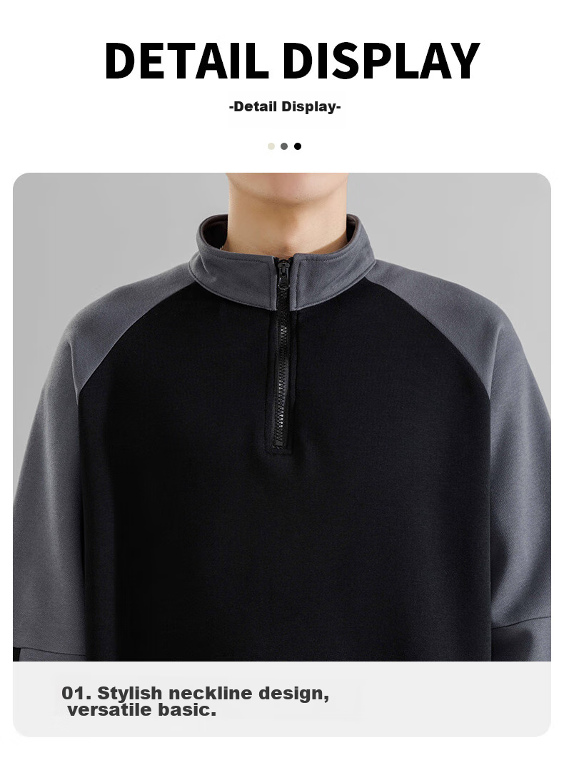 MMOPTOP American-Style Half-Zip Sweatshirt for Men, Spring And Autumn Season, Contrasting Color Raglan Sleeve, Loose Casual Top, 8905 Black L 16
