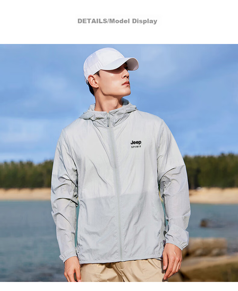 JEEP SPIRIT Sun Protection Jacket for Men, Summer Outerwear, UPF50+, Lightweight Skin Coat, Fishing Wear, Beach Clothing, Men's Jacket, Light Gray, Size L 10