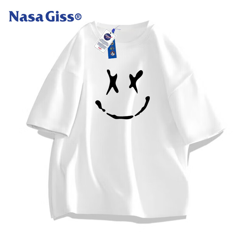 NASA GISS Official Collaboration T-Shirt for Men, Round Neck, Pure Cotton, Loose Fit, Oversized Short Sleeve, Couple's Top, White, XL