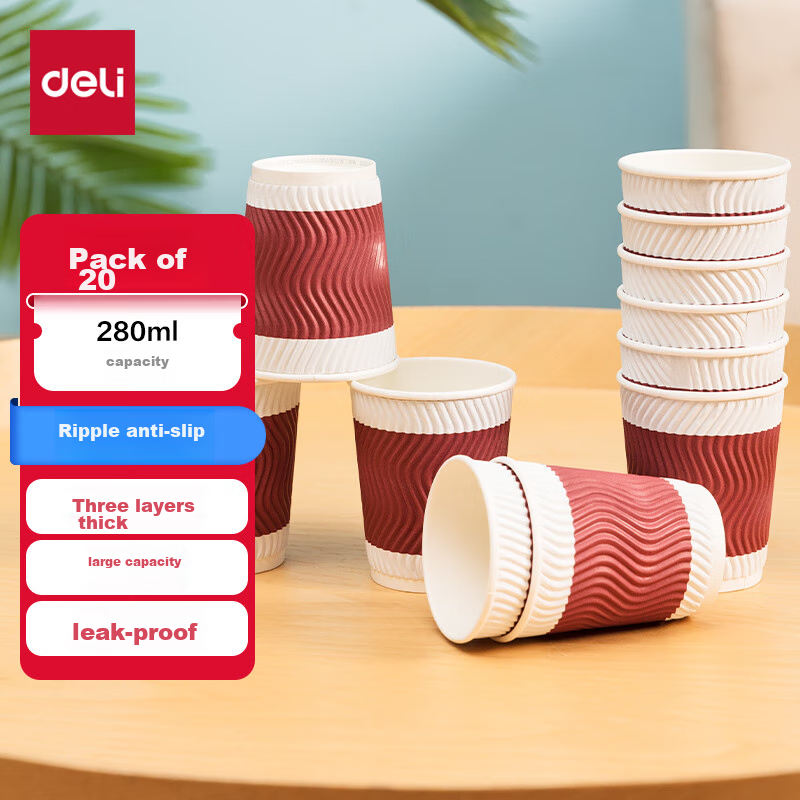 Deli Paper Cups, Disposable Paper Cups, Thick Water Cups with Anti-Scalding Three-Layer Design for Home Use, Wavy Pattern, 280ml Red, 20 Pieces