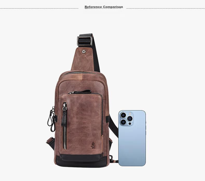 Hush Puppies Crossbody Bag for Men, Niche Design Chest Pack, Casual Retro Genuine Leather Shoulder Bag, Sports Shoulder Bag, Coffee Color 9